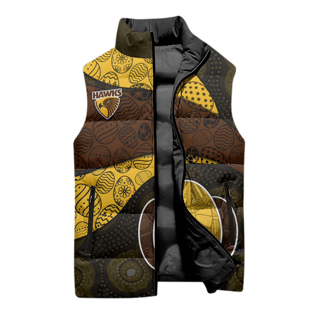Personalized Hawks Football Sleeveless Puffer Jacket Easter Egg Pattern Brown Gold Tribal Dot Art Style