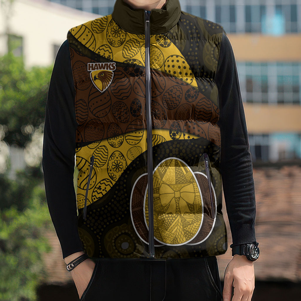 Personalized Hawks Football Sleeveless Puffer Jacket Easter Egg Pattern Brown Gold Tribal Dot Art Style