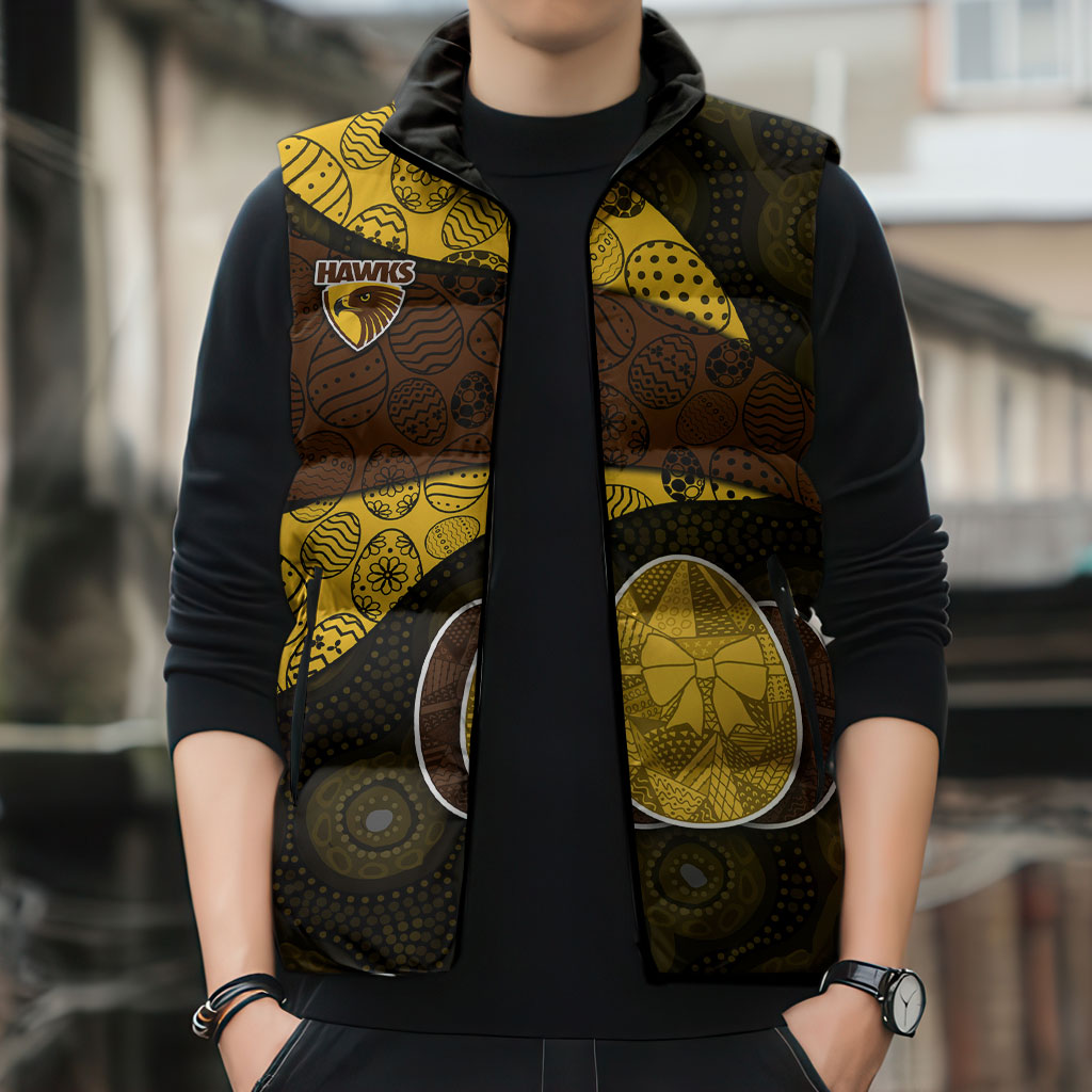 Personalized Hawks Football Sleeveless Puffer Jacket Easter Egg Pattern Brown Gold Tribal Dot Art Style