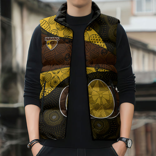 Personalized Hawks Football Sleeveless Puffer Jacket Easter Egg Pattern Brown Gold Tribal Dot Art Style