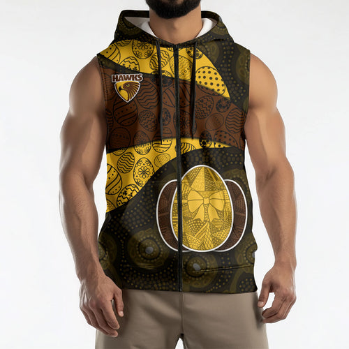 Personalized Hawks Football Sleeveless Zip Hoodie Easter Egg Pattern Brown Gold Tribal Dot Art Style