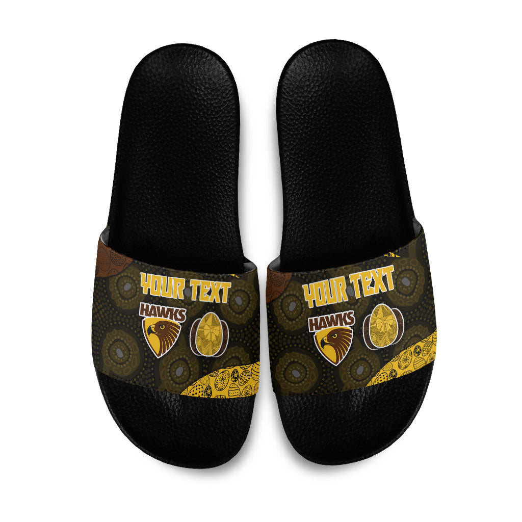 Personalized Hawks Football Slide Sandals Easter Egg Pattern Brown Gold Tribal Dot Art Style