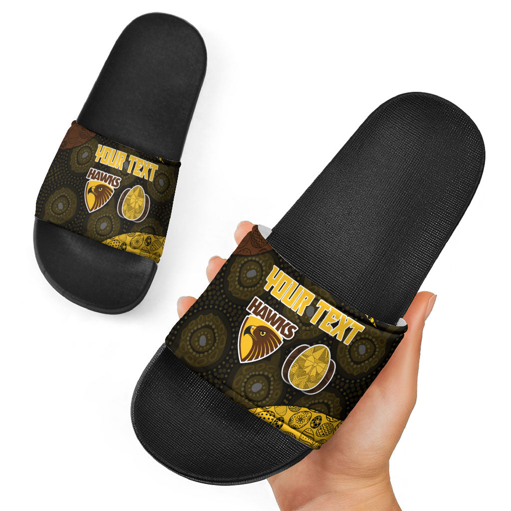 Personalized Hawks Football Slide Sandals Easter Egg Pattern Brown Gold Tribal Dot Art Style