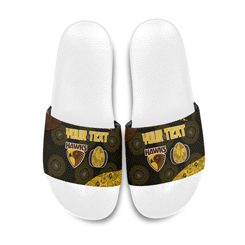 Personalized Hawks Football Slide Sandals Easter Egg Pattern Brown Gold Tribal Dot Art Style