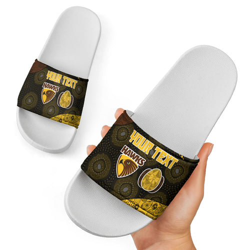 Personalized Hawks Football Slide Sandals Easter Egg Pattern Brown Gold Tribal Dot Art Style