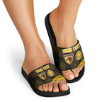 Personalized Hawks Football Slide Sandals Easter Egg Pattern Brown Gold Tribal Dot Art Style