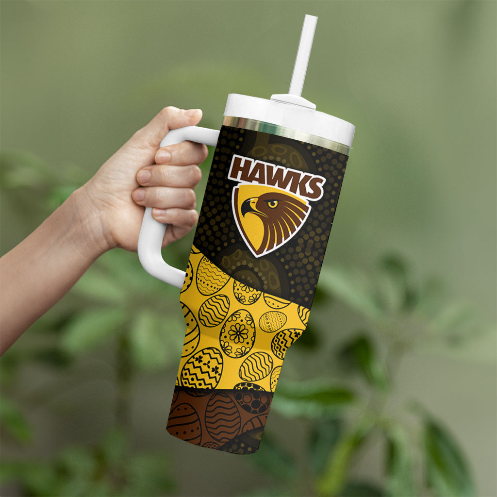 Personalized Hawks Football Tumbler With Handle Easter Egg Pattern Brown Gold Tribal Dot Art Style