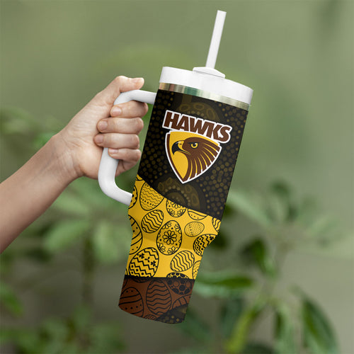 Personalized Hawks Football Tumbler With Handle Easter Egg Pattern Brown Gold Tribal Dot Art Style