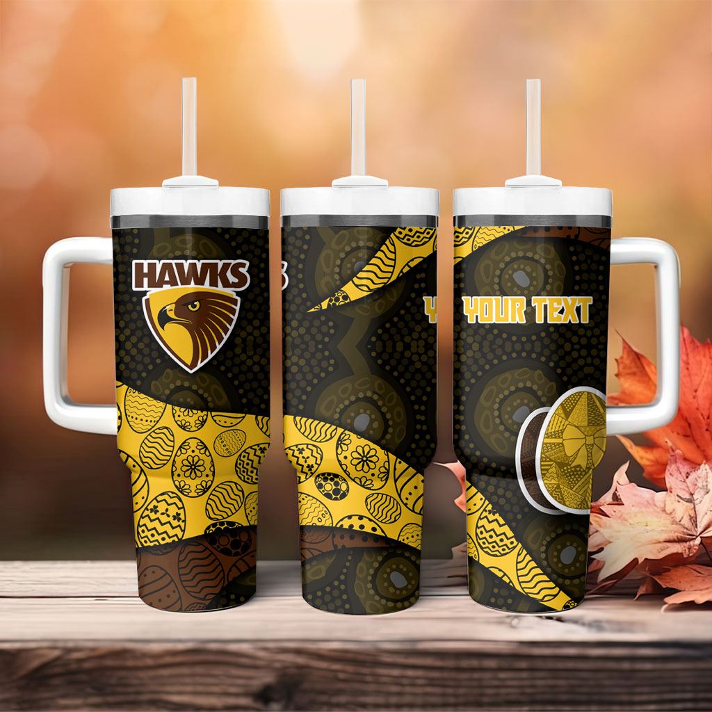 Personalized Hawks Football Tumbler With Handle Easter Egg Pattern Brown Gold Tribal Dot Art Style