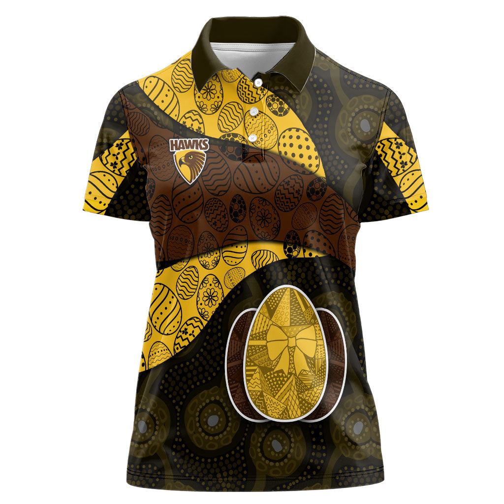 Personalized Hawks Football Women Polo Shirt Easter Egg Pattern Brown Gold Tribal Dot Art Style