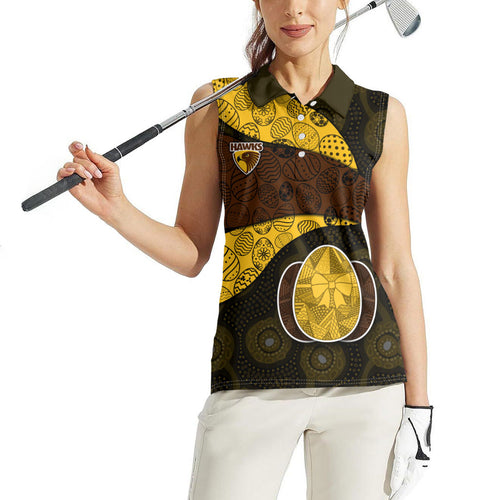 Personalized Hawks Football Women Sleeveless Polo Shirt Easter Egg Pattern Brown Gold Tribal Dot Art Style