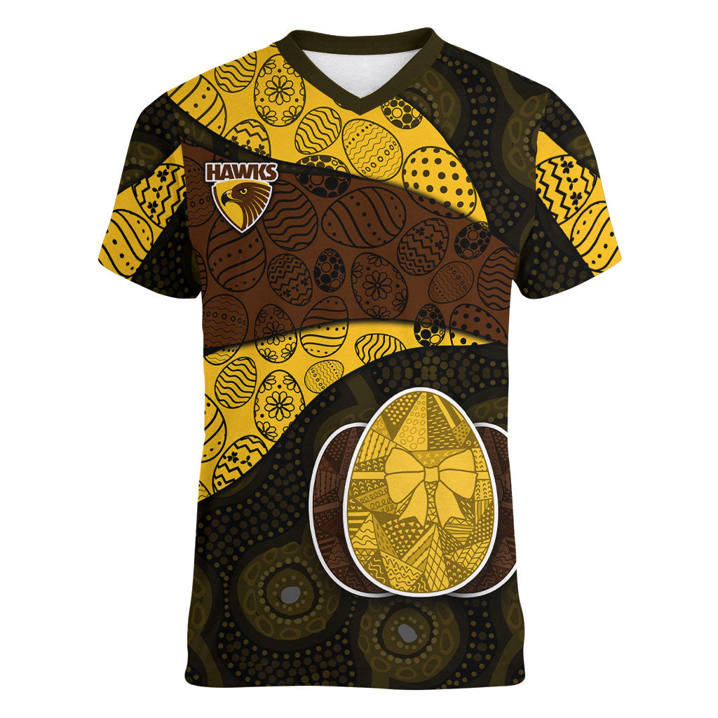 Personalized Hawks Football Women V-Neck T-Shirt Easter Egg Pattern Brown Gold Tribal Dot Art Style