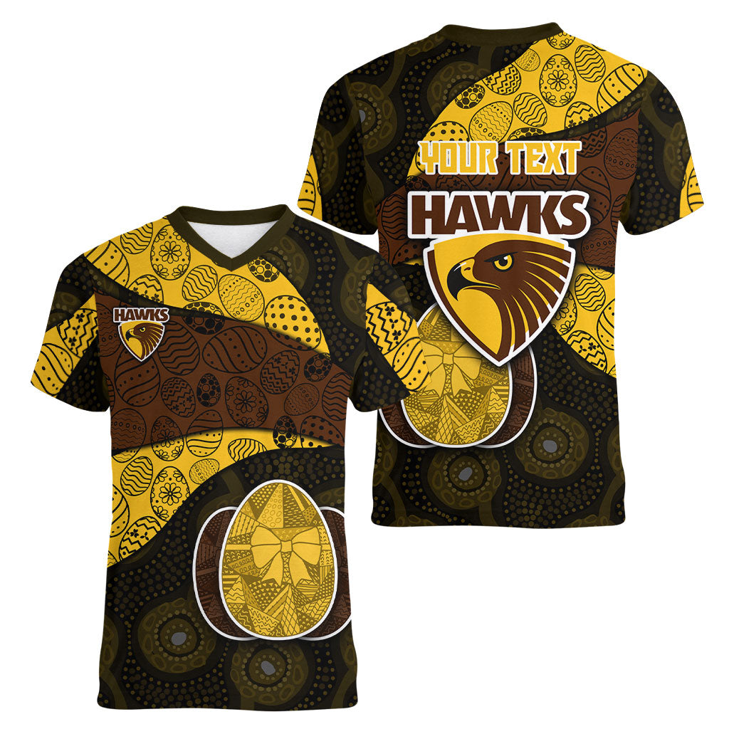 Personalized Hawks Football Women V-Neck T-Shirt Easter Egg Pattern Brown Gold Tribal Dot Art Style