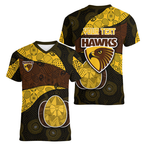 Personalized Hawks Football Women V-Neck T-Shirt Easter Egg Pattern Brown Gold Tribal Dot Art Style