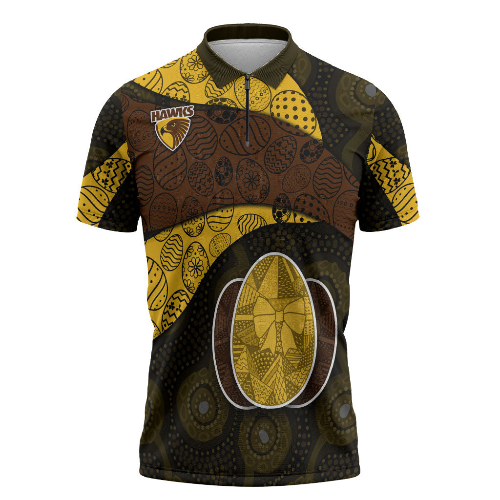 Personalized Hawks Football Zipper Polo Shirt Easter Egg Pattern Brown Gold Tribal Dot Art Style