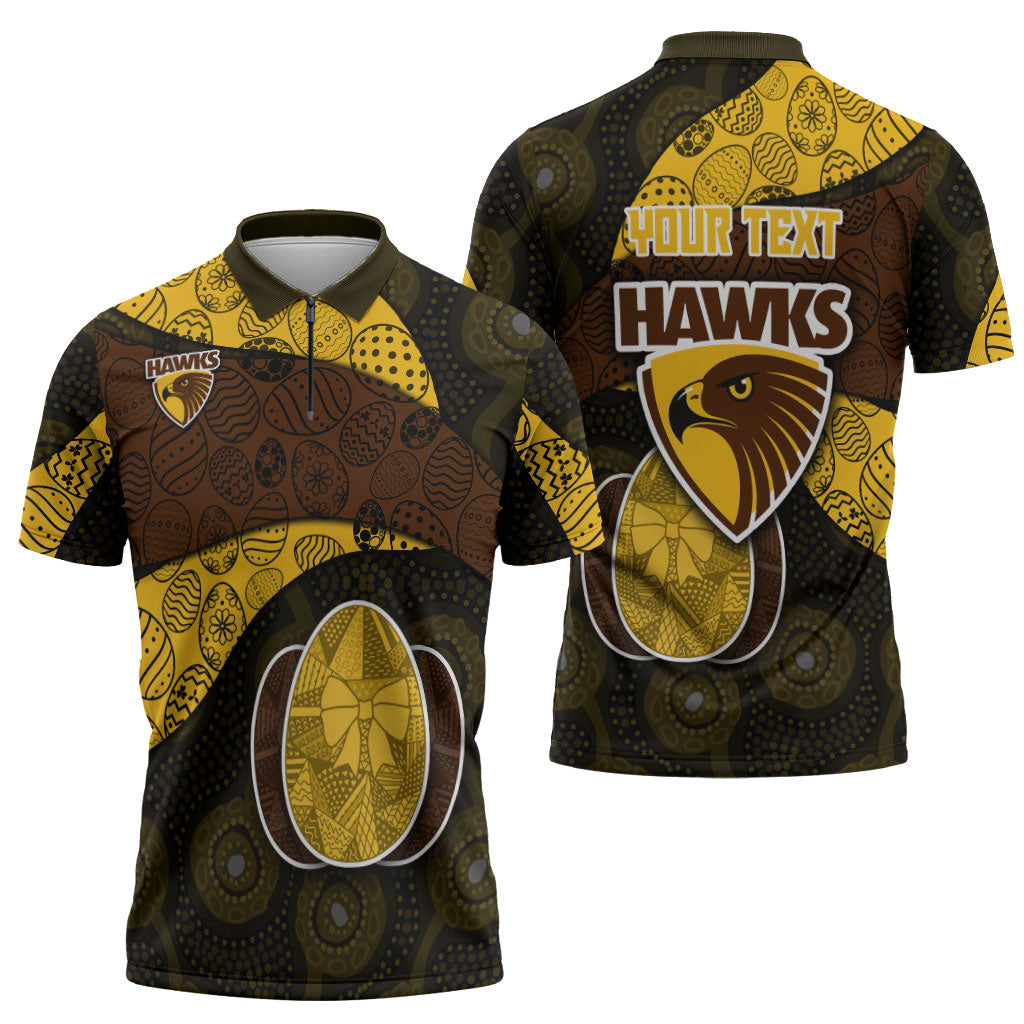 Personalized Hawks Football Zipper Polo Shirt Easter Egg Pattern Brown Gold Tribal Dot Art Style