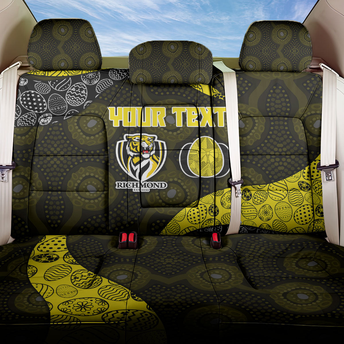 Personalized Richmond Football Back Car Seat Cover Easter Egg Pattern Yellow Black Tribal Dot Art Style