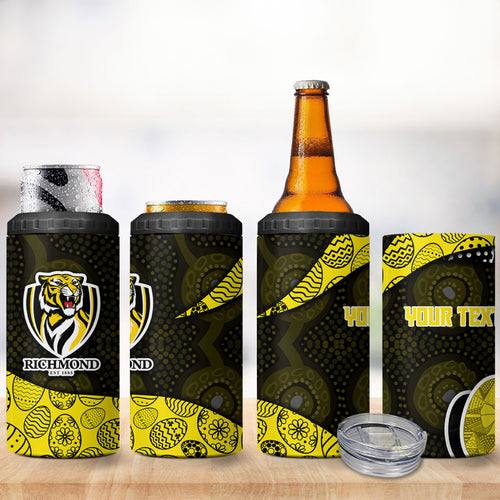 Personalized Richmond Football 4 in 1 Can Cooler Tumbler Easter Egg Pattern Yellow Black Tribal Dot Art Style