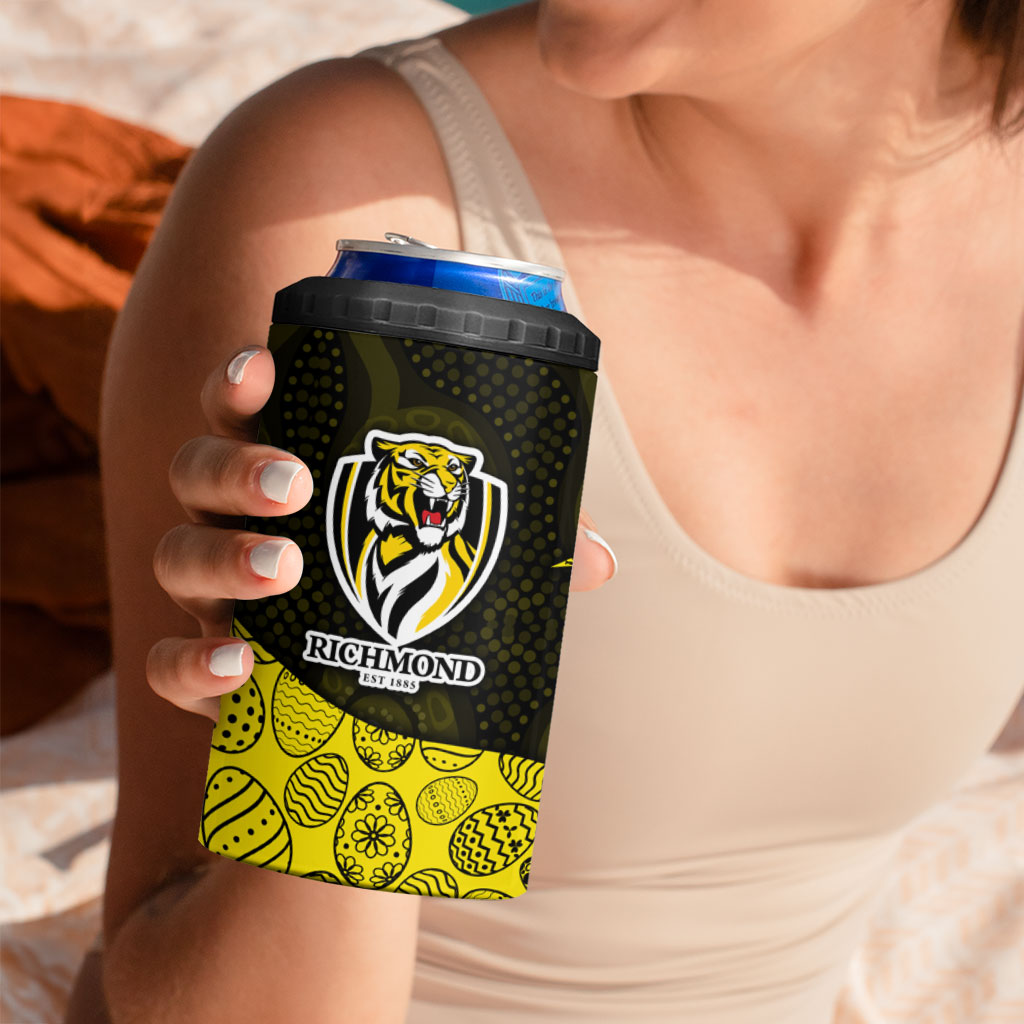 Personalized Richmond Football 4 in 1 Can Cooler Tumbler Easter Egg Pattern Yellow Black Tribal Dot Art Style