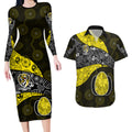 Personalized Richmond Football Couples Matching Long Sleeve Bodycon Dress and Hawaiian Shirt Easter Egg Pattern Yellow Black Tribal Dot Art Style
