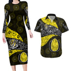 Personalized Richmond Football Couples Matching Long Sleeve Bodycon Dress and Hawaiian Shirt Easter Egg Pattern Yellow Black Tribal Dot Art Style