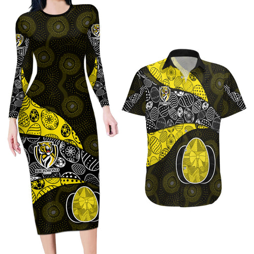 Personalized Richmond Football Couples Matching Long Sleeve Bodycon Dress and Hawaiian Shirt Easter Egg Pattern Yellow Black Tribal Dot Art Style
