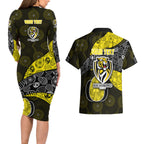 Personalized Richmond Football Couples Matching Long Sleeve Bodycon Dress and Hawaiian Shirt Easter Egg Pattern Yellow Black Tribal Dot Art Style