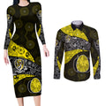 Personalized Richmond Football Couples Matching Long Sleeve Bodycon Dress and Long Sleeve Button Shirt Easter Egg Pattern Yellow Black Tribal Dot Art Style