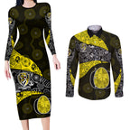 Personalized Richmond Football Couples Matching Long Sleeve Bodycon Dress and Long Sleeve Button Shirt Easter Egg Pattern Yellow Black Tribal Dot Art Style