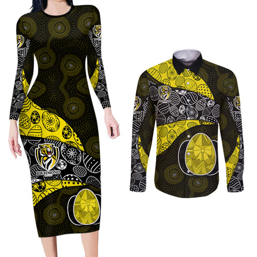 Personalized Richmond Football Couples Matching Long Sleeve Bodycon Dress and Long Sleeve Button Shirt Easter Egg Pattern Yellow Black Tribal Dot Art Style