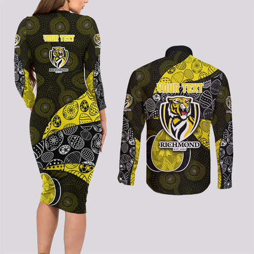 Personalized Richmond Football Couples Matching Long Sleeve Bodycon Dress and Long Sleeve Button Shirt Easter Egg Pattern Yellow Black Tribal Dot Art Style