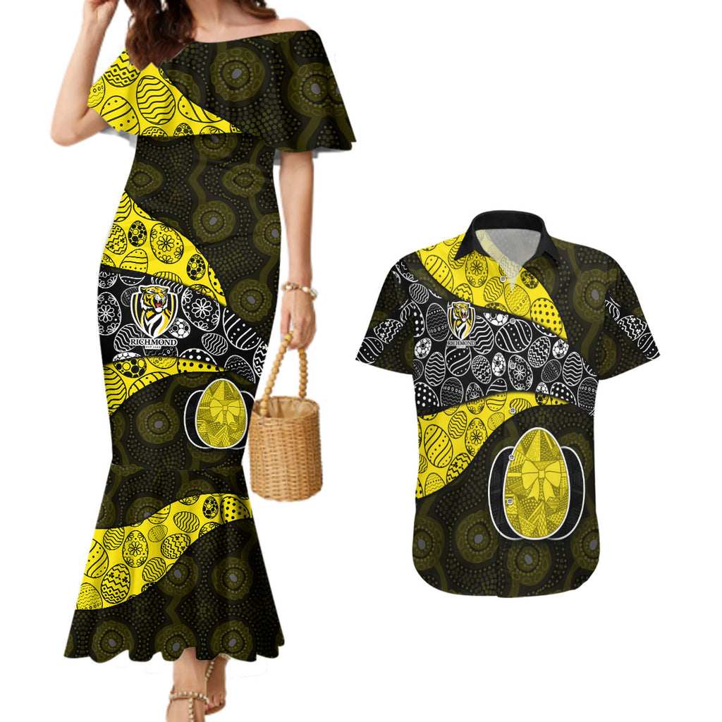 Personalized Richmond Football Couples Matching Mermaid Dress and Hawaiian Shirt Easter Egg Pattern Yellow Black Tribal Dot Art Style