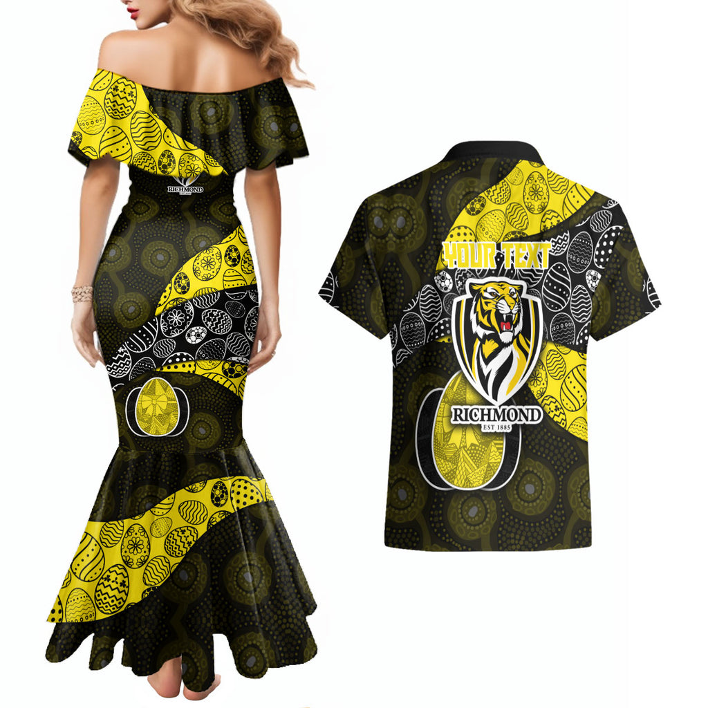 Personalized Richmond Football Couples Matching Mermaid Dress and Hawaiian Shirt Easter Egg Pattern Yellow Black Tribal Dot Art Style