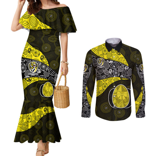 Personalized Richmond Football Couples Matching Mermaid Dress and Long Sleeve Button Shirt Easter Egg Pattern Yellow Black Tribal Dot Art Style