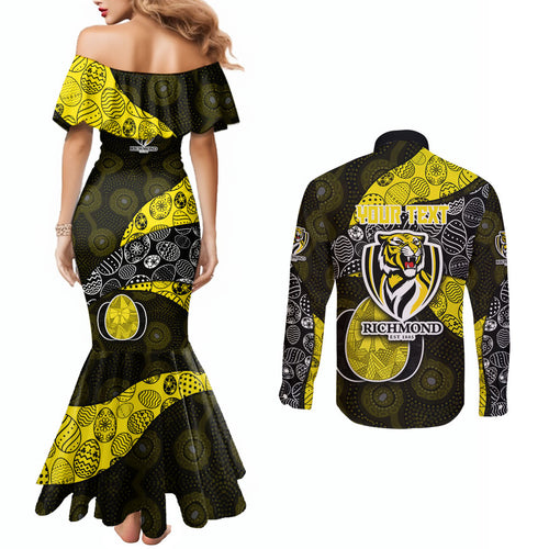 Personalized Richmond Football Couples Matching Mermaid Dress and Long Sleeve Button Shirt Easter Egg Pattern Yellow Black Tribal Dot Art Style