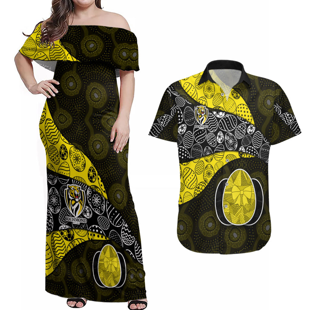 Personalized Richmond Football Couples Matching Off Shoulder Maxi Dress and Hawaiian Shirt Easter Egg Pattern Yellow Black Tribal Dot Art Style
