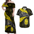 Personalized Richmond Football Couples Matching Off Shoulder Maxi Dress and Hawaiian Shirt Easter Egg Pattern Yellow Black Tribal Dot Art Style