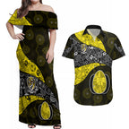 Personalized Richmond Football Couples Matching Off Shoulder Maxi Dress and Hawaiian Shirt Easter Egg Pattern Yellow Black Tribal Dot Art Style