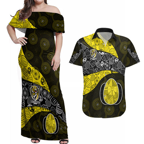 Personalized Richmond Football Couples Matching Off Shoulder Maxi Dress and Hawaiian Shirt Easter Egg Pattern Yellow Black Tribal Dot Art Style