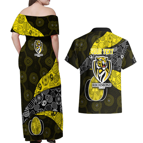 Personalized Richmond Football Couples Matching Off Shoulder Maxi Dress and Hawaiian Shirt Easter Egg Pattern Yellow Black Tribal Dot Art Style
