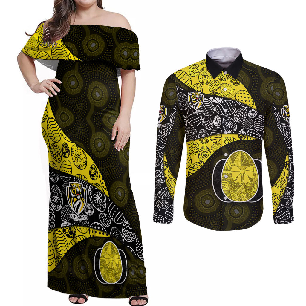 Personalized Richmond Football Couples Matching Off Shoulder Maxi Dress and Long Sleeve Button Shirt Easter Egg Pattern Yellow Black Tribal Dot Art Style