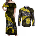 Personalized Richmond Football Couples Matching Off Shoulder Maxi Dress and Long Sleeve Button Shirt Easter Egg Pattern Yellow Black Tribal Dot Art Style