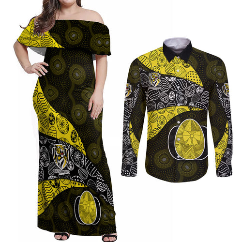 Personalized Richmond Football Couples Matching Off Shoulder Maxi Dress and Long Sleeve Button Shirt Easter Egg Pattern Yellow Black Tribal Dot Art Style