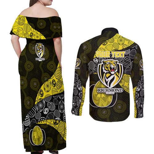 Personalized Richmond Football Couples Matching Off Shoulder Maxi Dress and Long Sleeve Button Shirt Easter Egg Pattern Yellow Black Tribal Dot Art Style