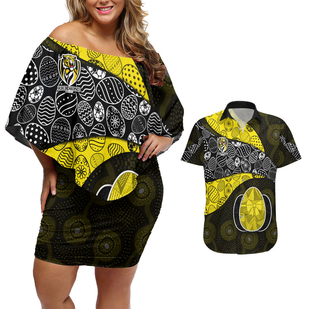 Personalized Richmond Football Couples Matching Off Shoulder Short Dress and Hawaiian Shirt Easter Egg Pattern Yellow Black Tribal Dot Art Style