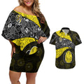 Personalized Richmond Football Couples Matching Off Shoulder Short Dress and Hawaiian Shirt Easter Egg Pattern Yellow Black Tribal Dot Art Style
