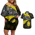 Personalized Richmond Football Couples Matching Off Shoulder Short Dress and Hawaiian Shirt Easter Egg Pattern Yellow Black Tribal Dot Art Style