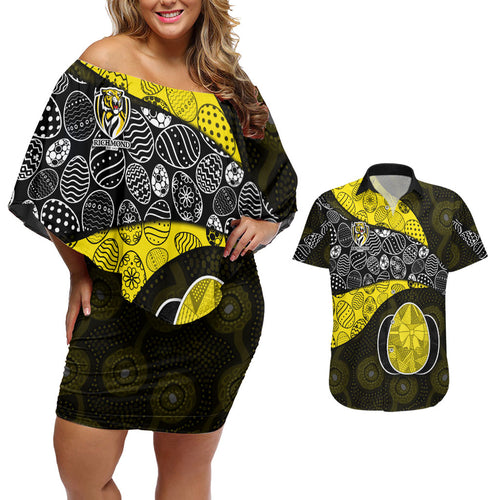 Personalized Richmond Football Couples Matching Off Shoulder Short Dress and Hawaiian Shirt Easter Egg Pattern Yellow Black Tribal Dot Art Style