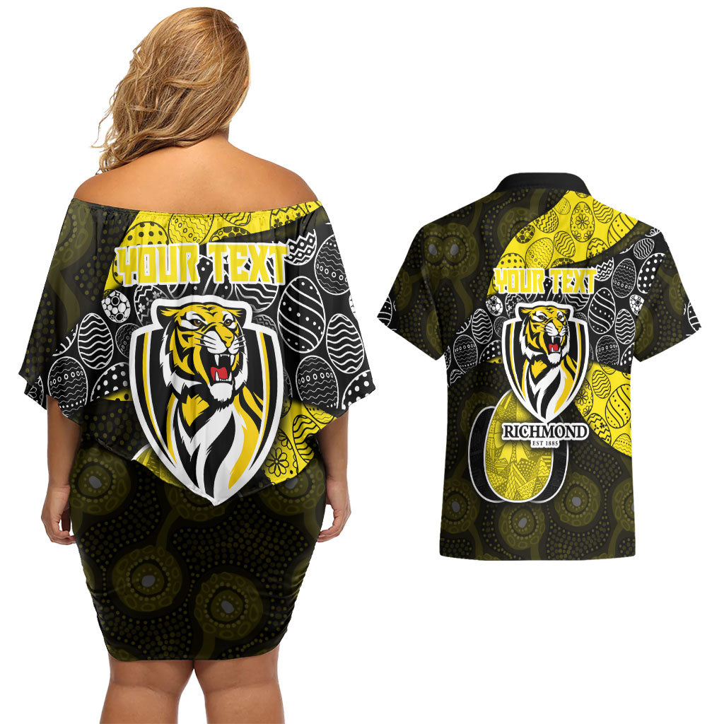 Personalized Richmond Football Couples Matching Off Shoulder Short Dress and Hawaiian Shirt Easter Egg Pattern Yellow Black Tribal Dot Art Style