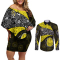 Personalized Richmond Football Couples Matching Off Shoulder Short Dress and Long Sleeve Button Shirt Easter Egg Pattern Yellow Black Tribal Dot Art Style